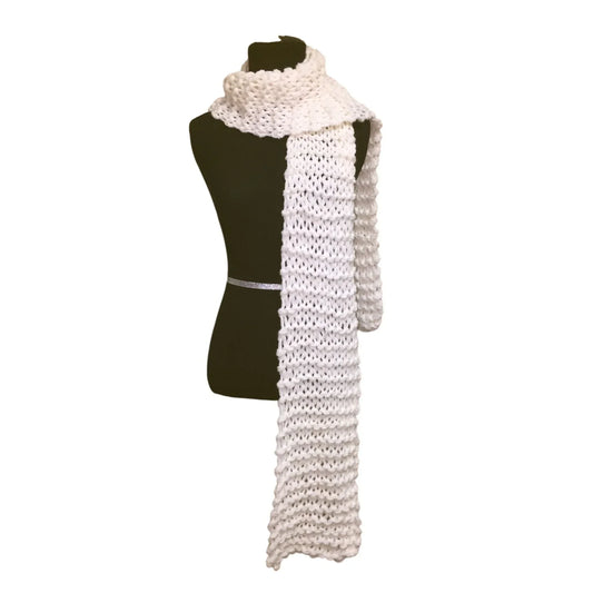 Womens Vintage Handmade White Crocheted/Knitted Long Scarf - A+ Stuff