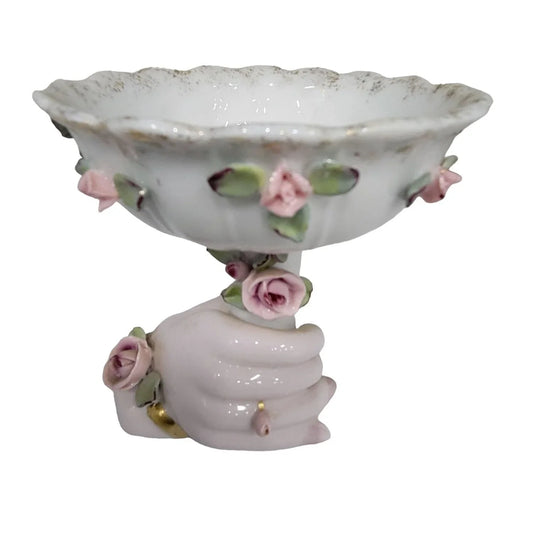 Porcelain Hand Holding Large Pedestal Bowl / Dish Nail Polish Rose Bracelet Rosettes - Gold Accents Mid-century Lefton China Lefton China A+ Stuff