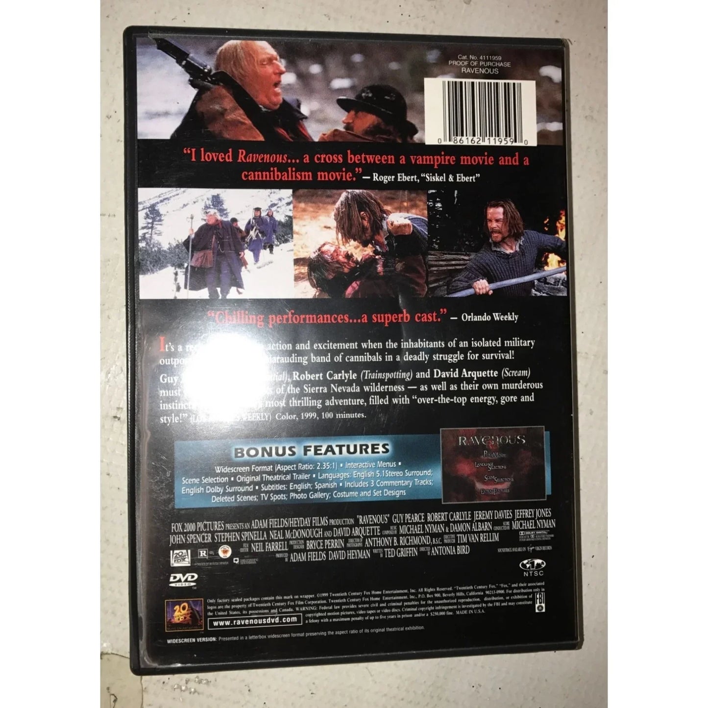 RAVENOUS DVD w/ Case- GUY PEARCE, ROBERT CARLYLE, DAVID ARQUETTE - A+ Stuff