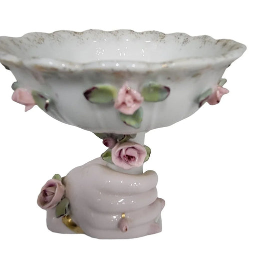 Porcelain Hand Holding Large Pedestal Bowl / Dish Nail Polish Rose Bracelet Rosettes - Gold Accents Mid-century Lefton China Lefton China A+ Stuff