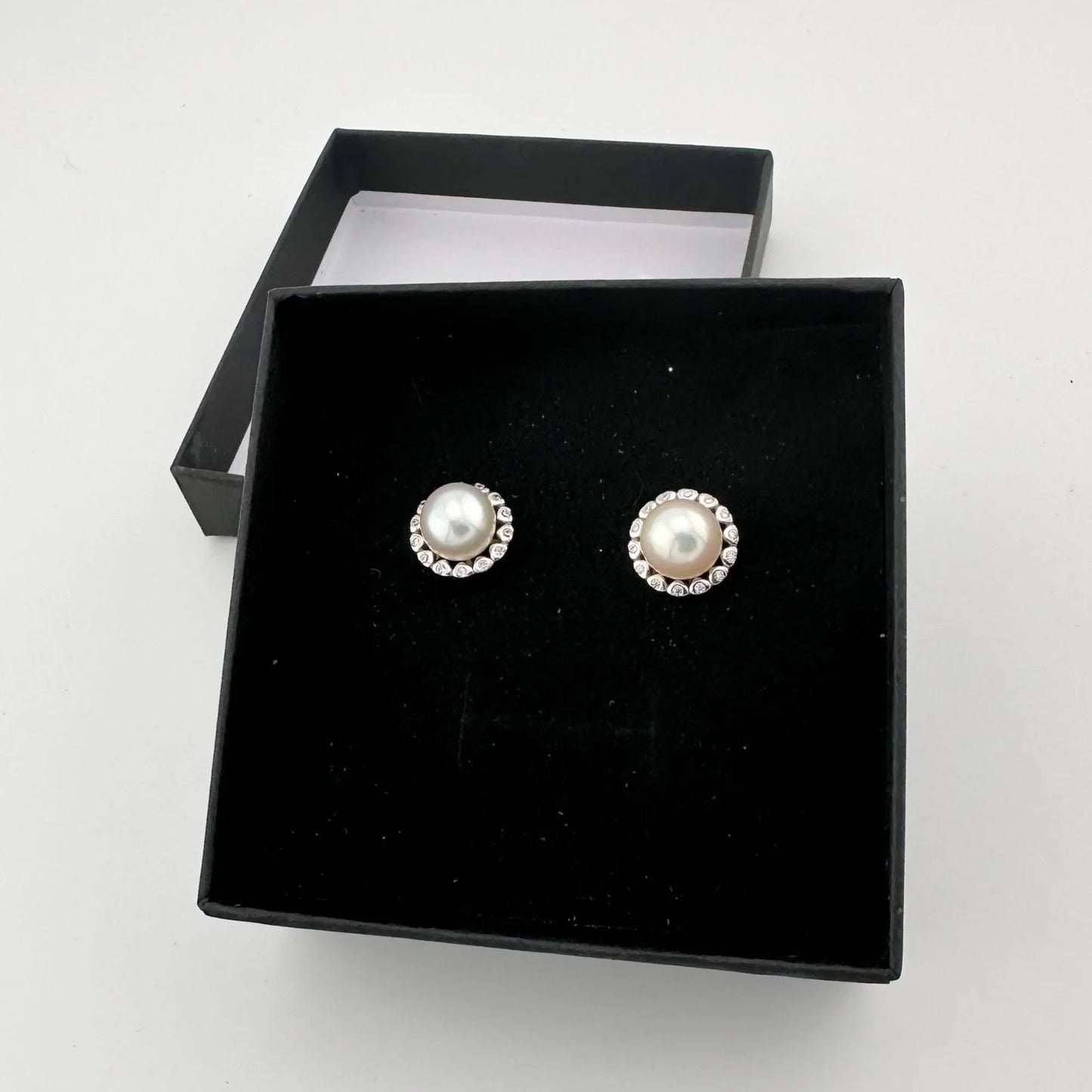 Lovely Pearl Halo Stud Earrings- 8.5mm - Sterling Silver (.925) - A+ Stuff