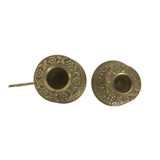 Set of 2 Gold Tone Candlestick Holders with Bases- 1 Has A Handle - A+ Stuff