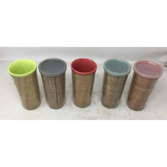 Vintage Set of 5 Wicker Raffia Plastic Insulated Tumblers- 3 with lids and 2 without - A+ Stuff