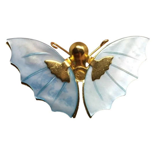 Vintage 1970s Blue Butterfly Shell Gold Tone Brooch A+ Stuff A+ Stuff
