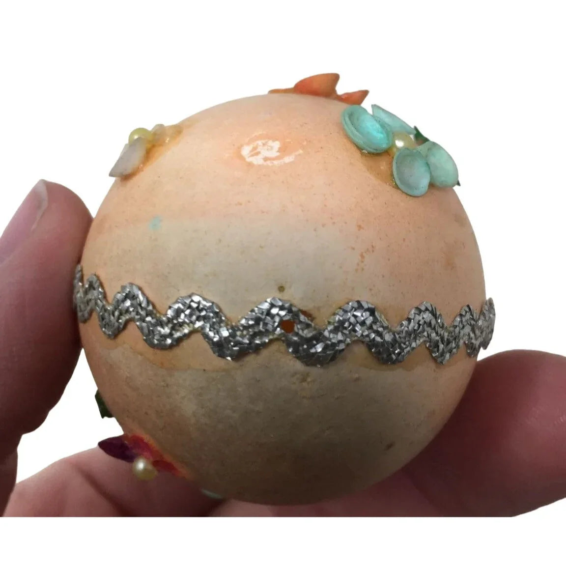 Decorative Faux Easter Egg With Colorful Flowers/Silver Ribbon (Some flowers fell off) A+ Stuff A+ Stuff