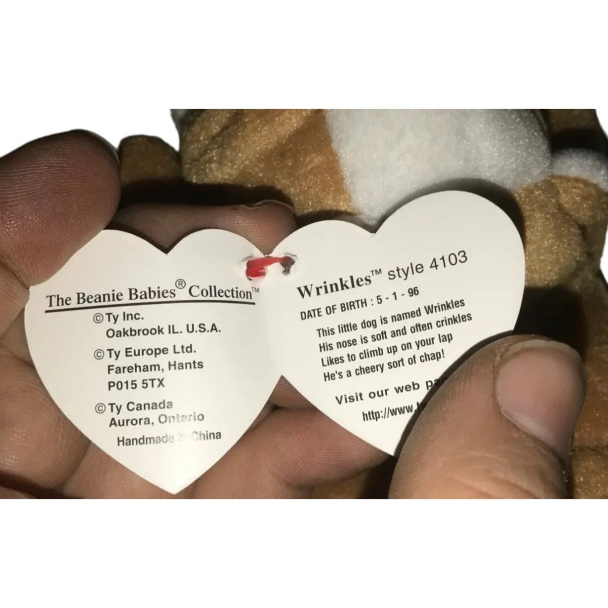 Vintage TY Beanie Original Baby with Errors- Wrinkles the Dog Brown/White Bulldog - A+ Stuff
