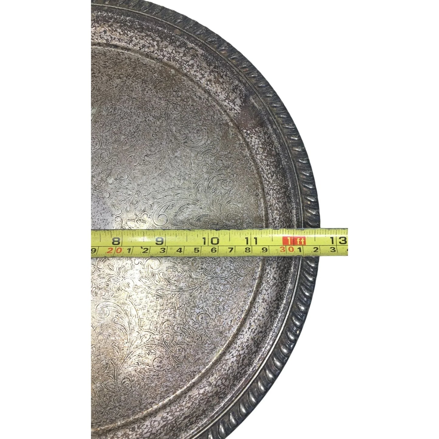 Vintage Silver Metal Round Serving Tray- About 12.5 inches - A+ Stuff