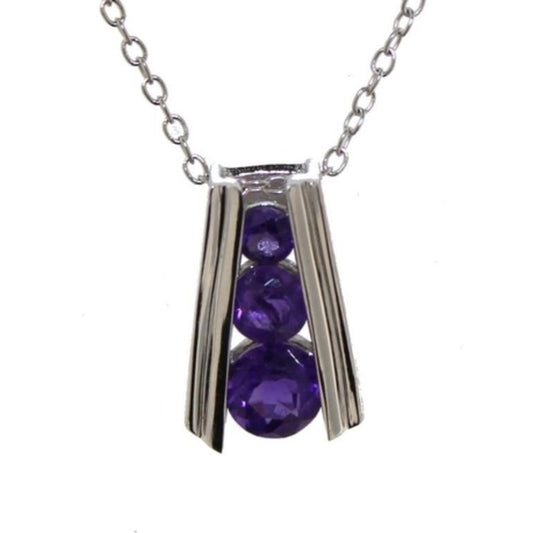 African Amethyst 3 Stone Graduated Pendant (Sterling Silver) w Neckace