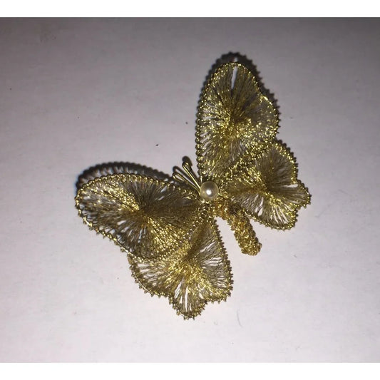 Womens Small 2" Gold Tone Butterfly Pin with White Faux Pearl in the Middle - A+ Stuff