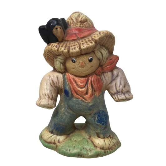 Vintage 1987 Cute Scarecrow Figurine with Bird on Shoulder - Fall or Autumn Decor A+ Stuff A+ Stuff