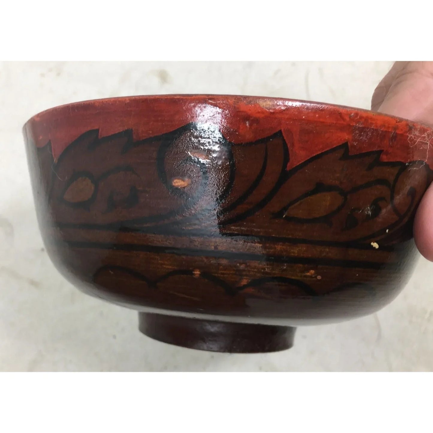 Vintage Round Russian Wood Lacquered Bowl- Brown/Red Design A+ Stuff A+ Stuff
