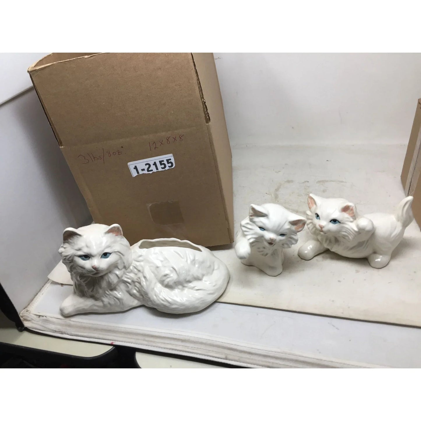 White Persian Cat Decor - Mom Cat Planter/Vase + 2 Blue Eyed Kitten Statues / Figurines -- A+ Stuff Cat Statues / Figurines