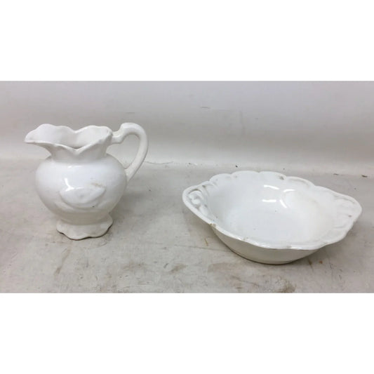 Vintage White Ceramic Embossed Handled Pitcher/Creamer Jug and Bowl Set A+ Stuff A+ Stuff