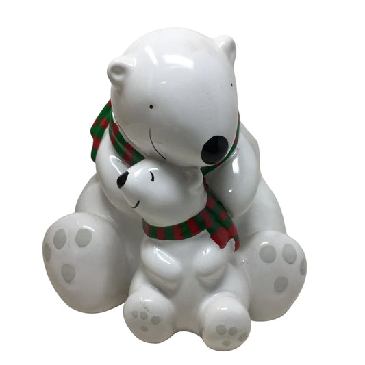 Teleflora Polar Bear and Baby Cub Holiday Planter Wearing Red Green Scarf A+ Stuff A+ Stuff