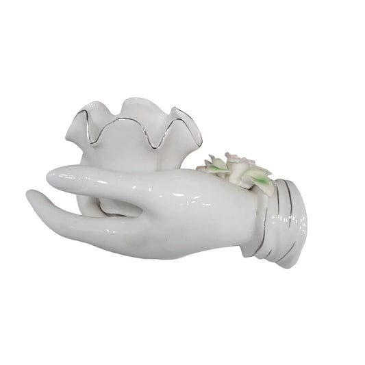 Porcelain Hand Trinket or Votive Holder with Roses / Rosettes at wrist - Gold Accents Mid-century Believed to be Lefton China Lefton A+ Stuff