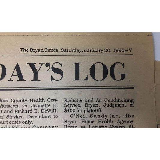 The Bryan Times Vintage Collectible Newspaper Jan. 20, 1996-7 The Bryan Times A+ Stuff