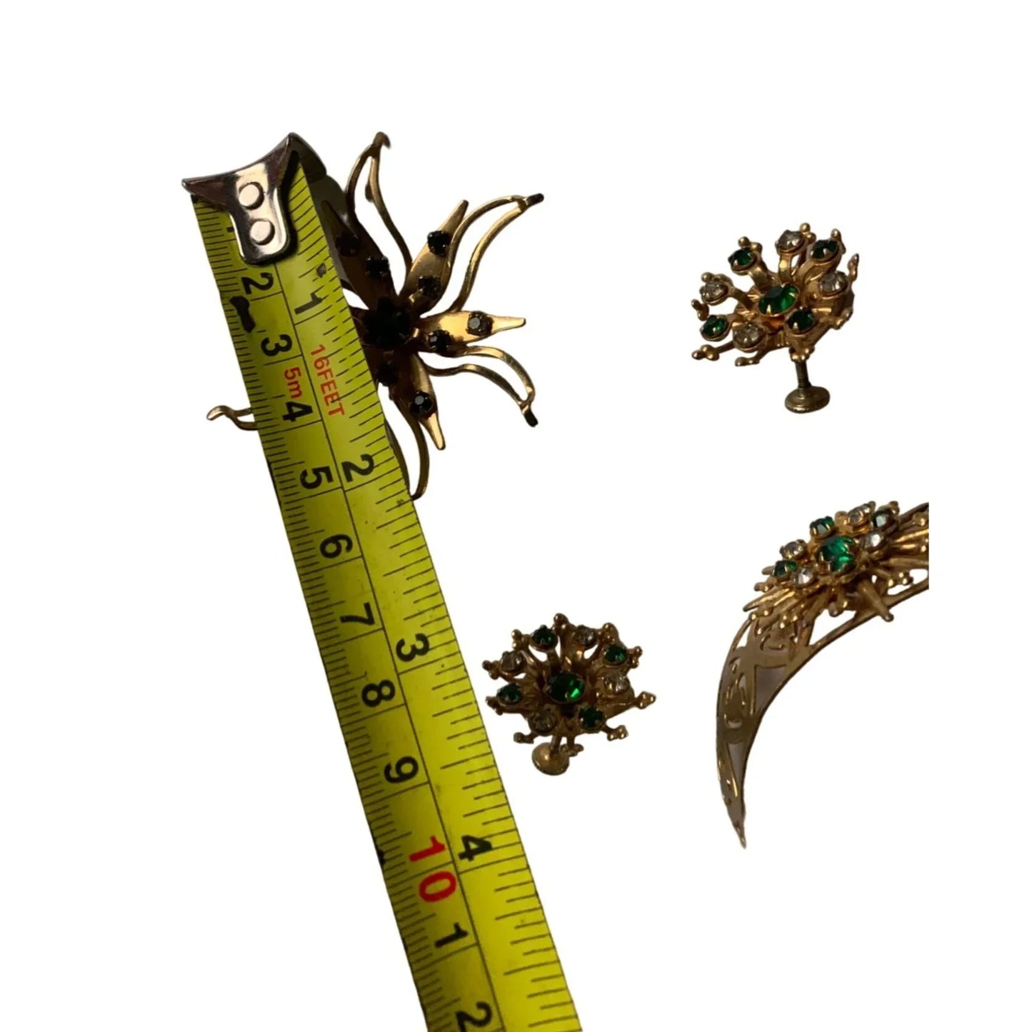 Vintage Womens Jewelry - Goldtone Bracelet, Earrings and Pin w/ Green/Clear Rhinestones - A+ Stuff