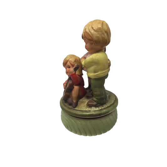 Sankyo Japan Hand Painted Porcelain Music Box 3 Kids With A Guitar - A+ Stuff