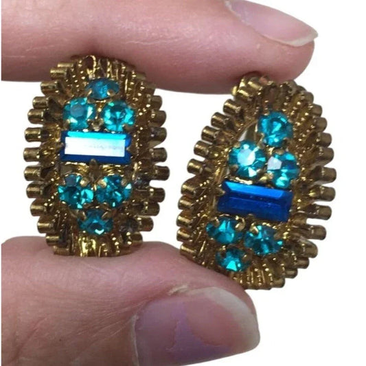 Women's Clip On Earrings Blue Stone and Gold Edging- Costume Jewelry A+ Stuff A+ Stuff
