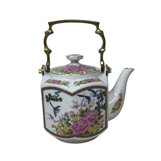Vintage Chinese/Japanese Porcelain Tea Pot, Brass handle, Birds & Lotus Flowers homco A+ Stuff