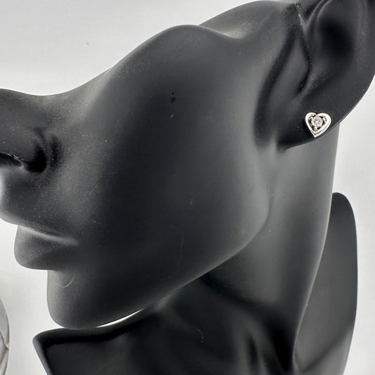 Sterling Silver Heart Shaped Stud Earrings with Natural Diamond in Illusion Setting .925