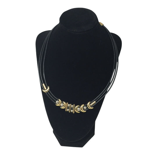 Women's Black Layered Rope Necklace with Gold and Silver Charms
