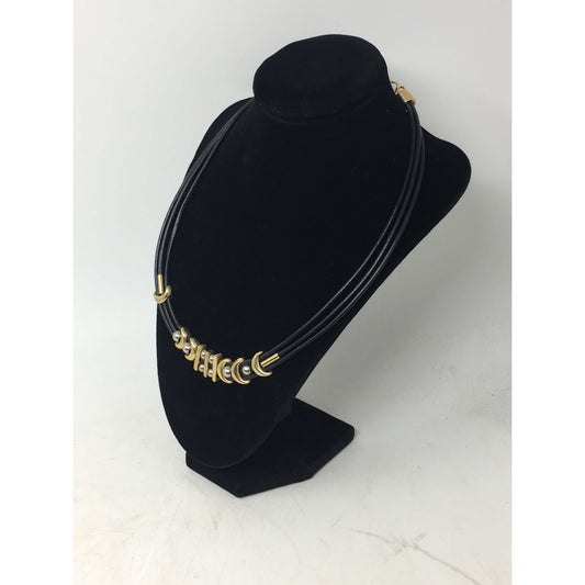 Women's Black Layered Rope Necklace with Gold and Silver Charms
