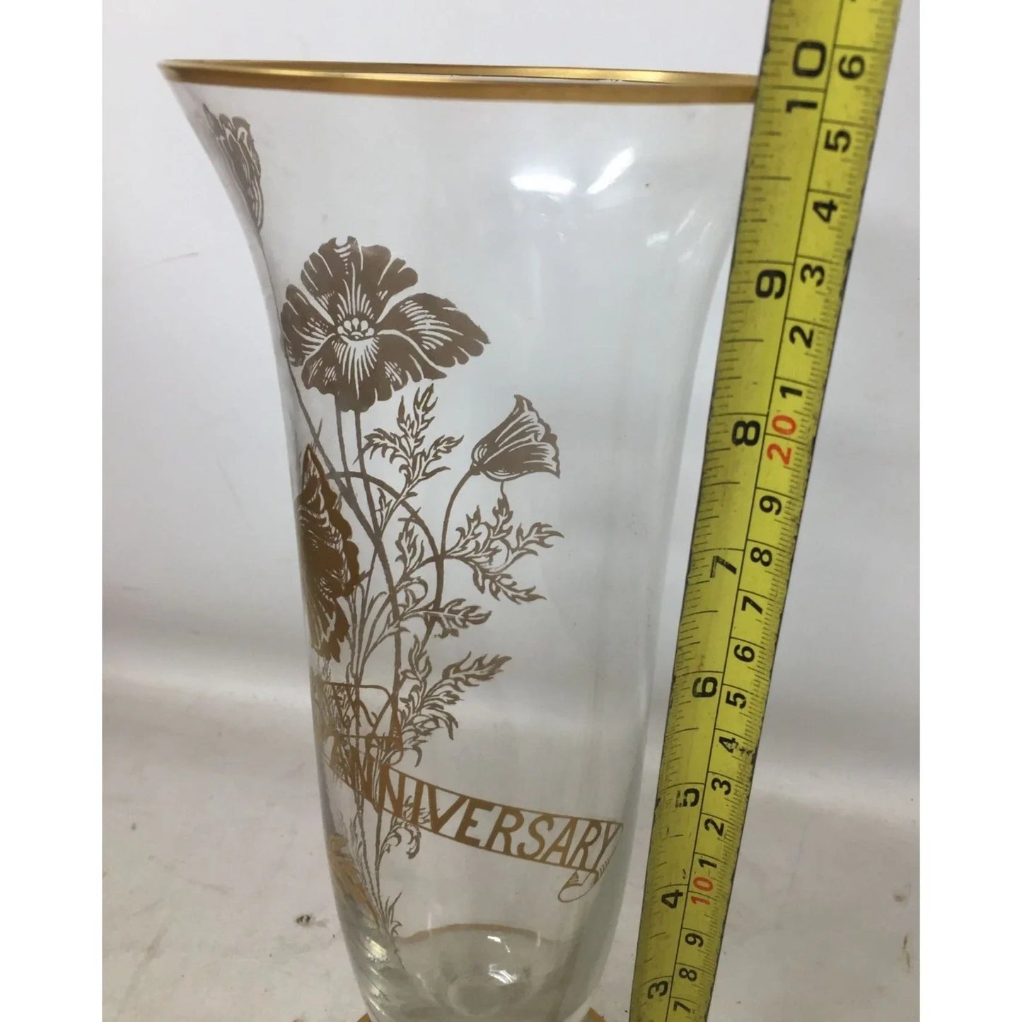50th Anniversary Tall Clear Glass Footed Vase with Gold Tone Flowers A+ Stuff A+ Stuff