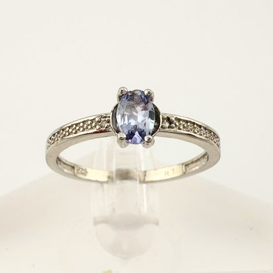 Beautiful Oval Tanzanite Ring with Diamond Accent - Sterling Silver Size 8.25