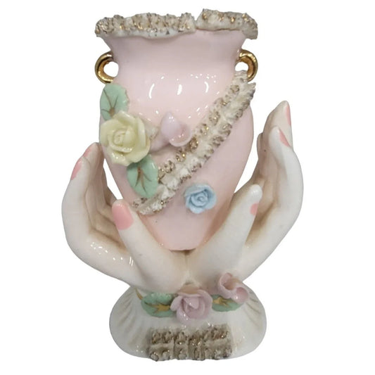 Porcelain Hands holding Urn Style Vase with 3d Flowers - Gold Accents Mid-century Believed to be Lefton China - Lefton China A+ Stuff