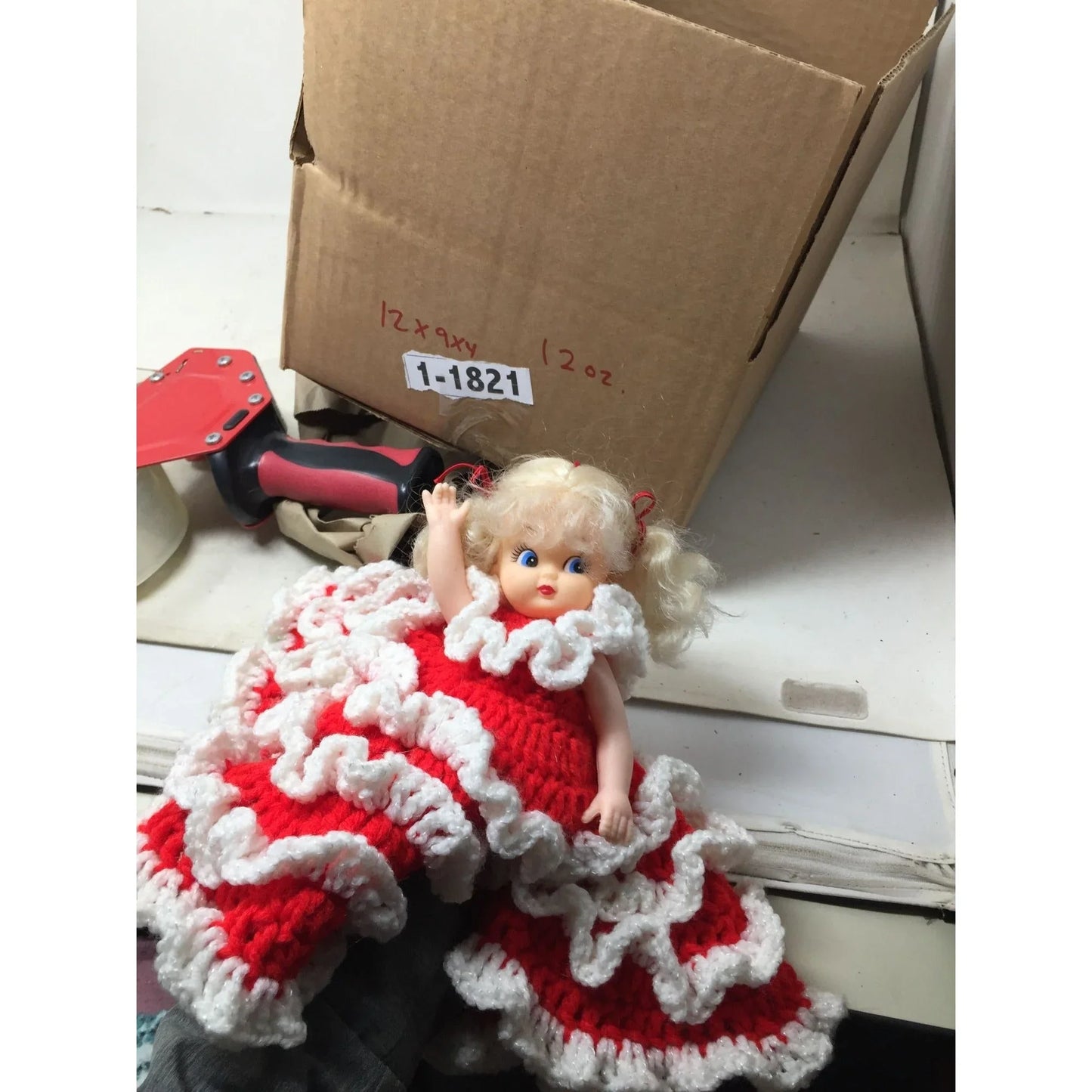Cute Christmas Tree Topper Doll in Hand Crocheted Red Dress w White Ruffles - Blonde Hair & Blue Eyes -- A+ Stuff Topper Doll cherub