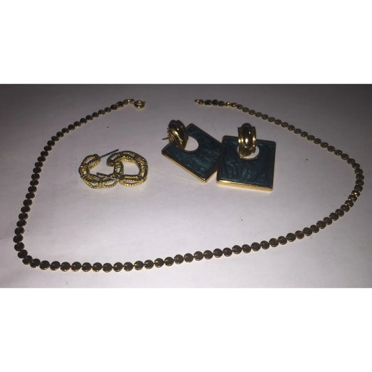 Womens Gold Tone Chain Necklace & 2 Pairs of Matching Earrings (Gold Hoops/Teal Earrings) - A+ Stuff