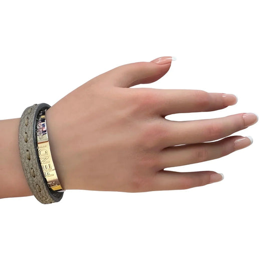 Fendi Selleria Silver Tone Metallic Cuff with Gray Leather Double Wrap Bracelet - Fendi - Bracelet - A+ Stuff