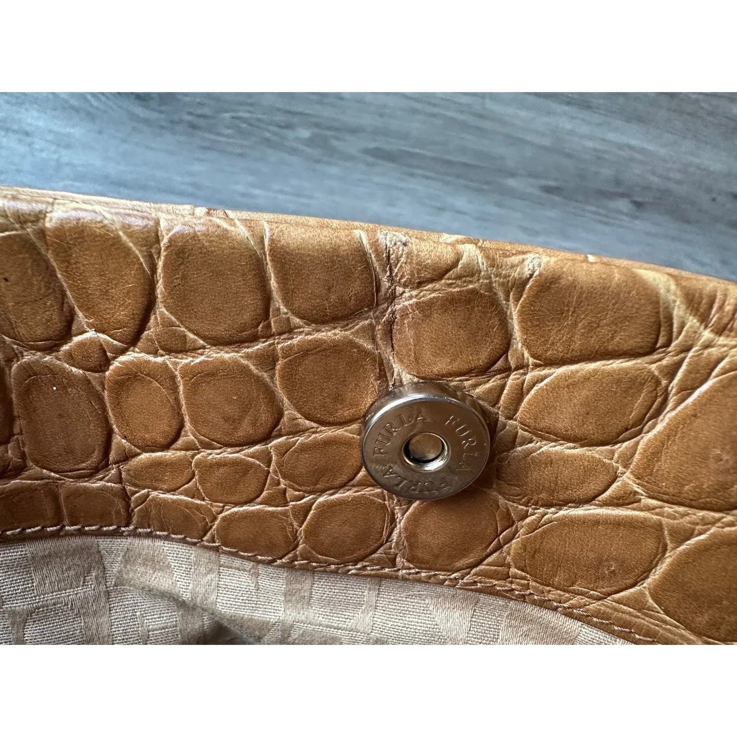 FURLA Croc Embossed Camel Colored Leather Bag - FURLA - satchel bag - A+ Stuff