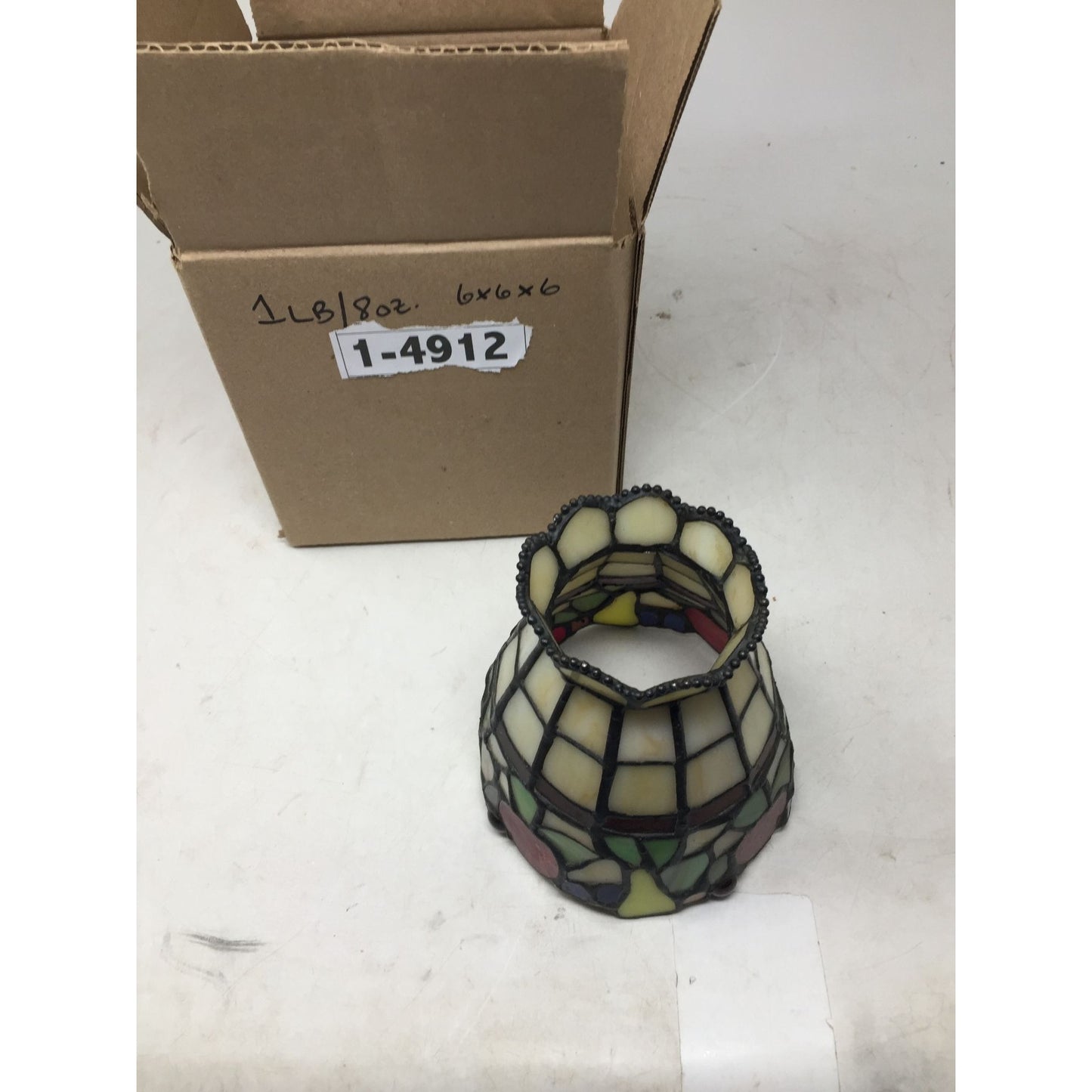 Beautiful Stained Glass Lamp Shade with Scalloped Top Edge and Inlaid Fruit Design at Bottom
