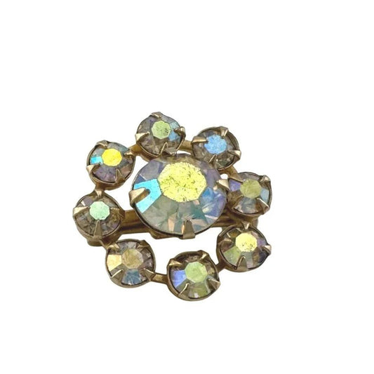 Gold Tone Flower Shaped Aurora Borealis Rhinestone Pin - Vintage Costume Jewelry - A+ Stuff - Costume Jewelry - A+ Stuff