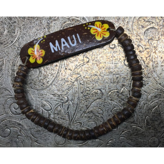 ''MAUI'' Hawaii Hibiscus Flower Souvenir Bracelet with Brown Beads on it
