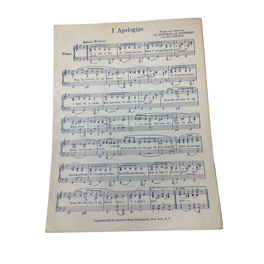 ''I APOLOGIZE'' By Al Hoffman, Al Goodhart, and Ed Nelson - A+ Stuff - SHEET MUSIC - A+ Stuff