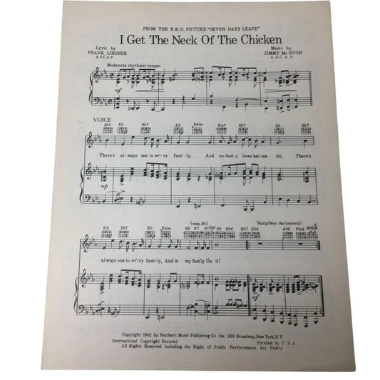 ''I Get The Neck Of The Chicken'' Vintage 1942 Sheet Music - A+ Stuff - SHEET MUSIC - A+ Stuff