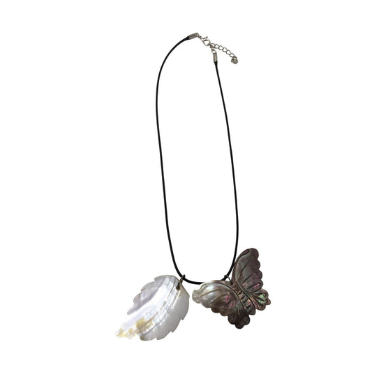 Women's Carved Shell Butterfly and Leaf Pendant Necklace