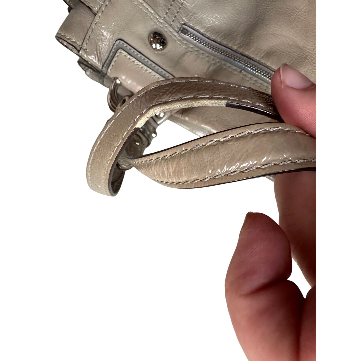 COACH Chelsea Patent Leather Peyton Carryall Satchel - Grayish Tan w Teal Lining