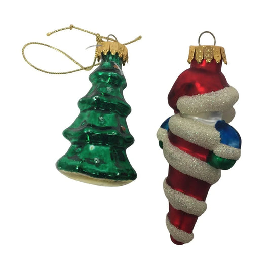 Two Vintage Christmas Tree Ornaments- Snowman and Green Christmas Tree - A+ Stuff