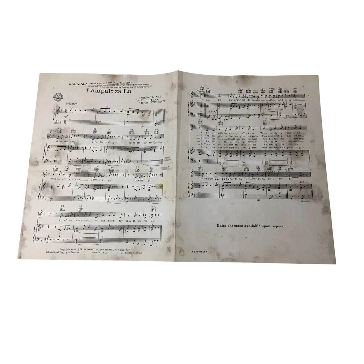 LALAPALUZA LU Vintage 1942 Sheet Music book - World music inc - sheet music - A+ Stuff