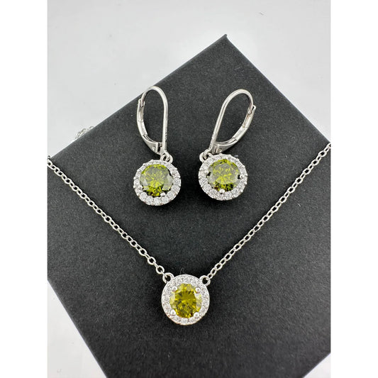 Beautiful Green Peridot & White Topaz Round Halo Necklace and Earrings Set - A+ Stuff