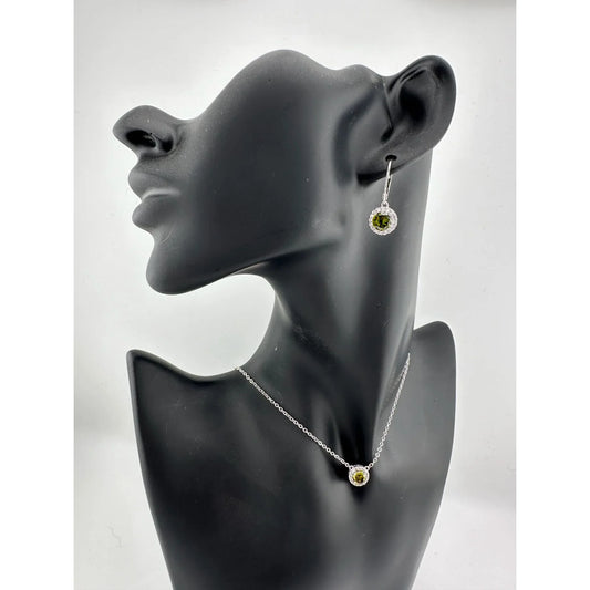 Beautiful Green Peridot & White Topaz Round Halo Necklace and Earrings Set - A+ Stuff