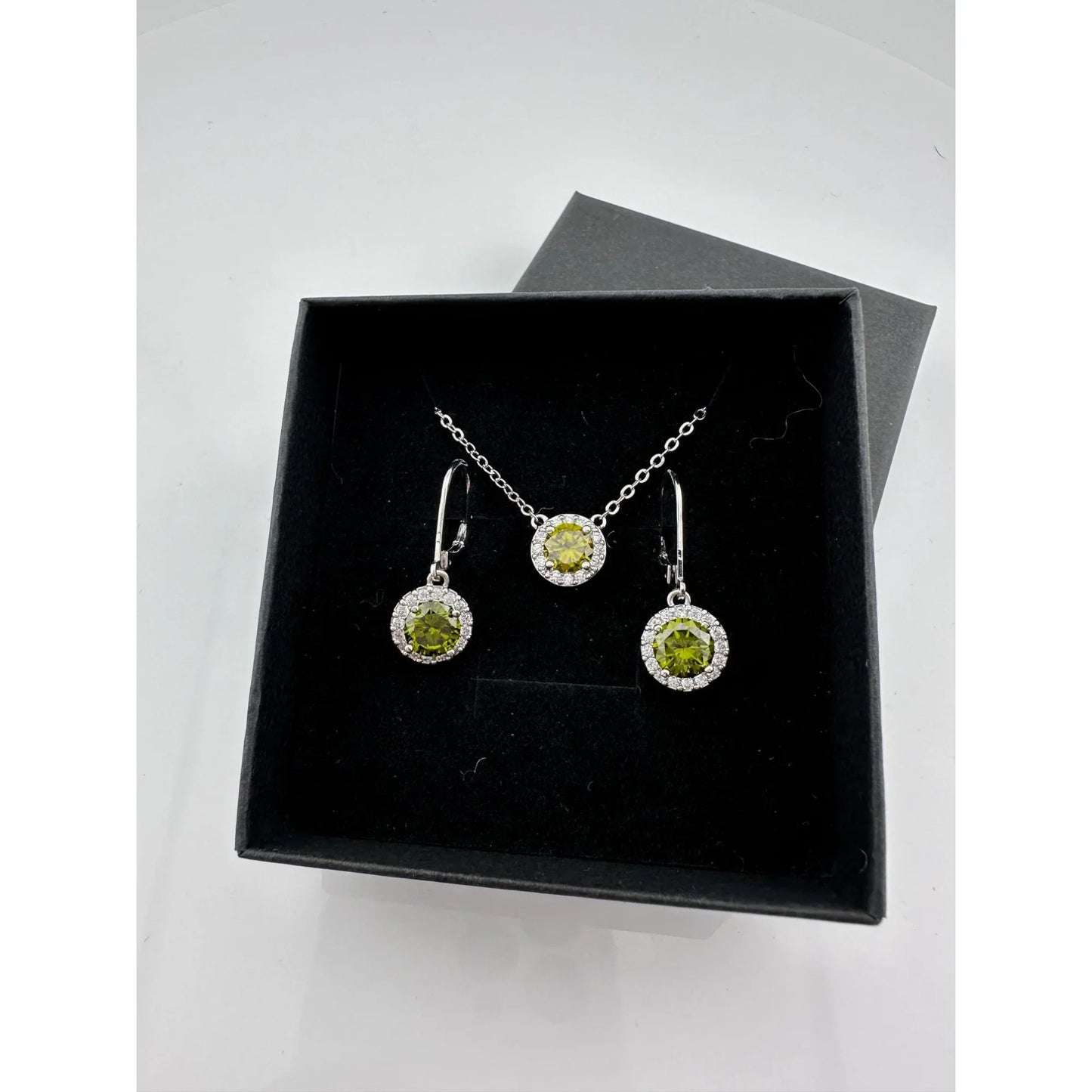 Beautiful Green Peridot & White Topaz Round Halo Necklace and Earrings Set - A+ Stuff