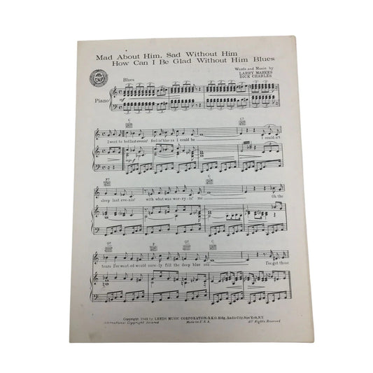 ''Mad About Him, Sad without Him How Can I Be Glad Without Him Blues'' - A+ Stuff - SHEET MUSIC - A+ Stuff
