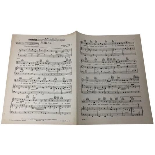 ''Minka'' Words and music by Jay Milton - Vintage 1941 Sheet Music - A+ Stuff - sheet music - A+ Stuff