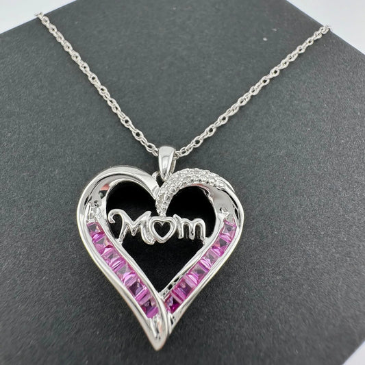 Pink Sapphire 'MOM' Heart Necklace with Diamond Accent - A+ Stuff