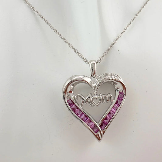 Pink Sapphire 'MOM' Heart Necklace with Diamond Accent - A+ Stuff